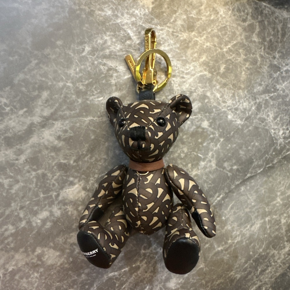 BURBERRY Total logo TB Thomas Bear Bag Charm Key Holder Leather Brown - Picture 2 of 6